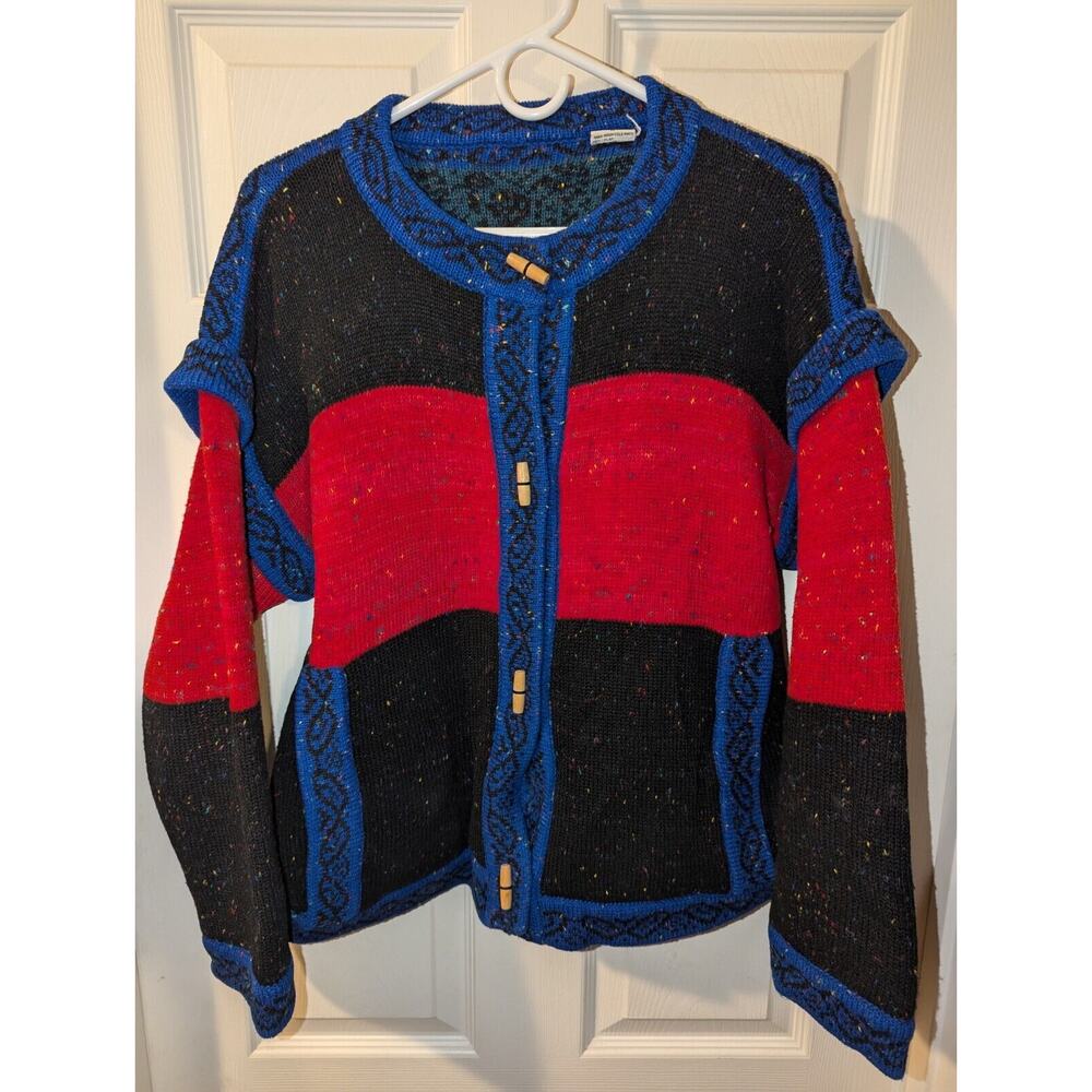 Vintage Cardigan Sweater Size Medium by JJ Browne Reversible Striped Red 80's